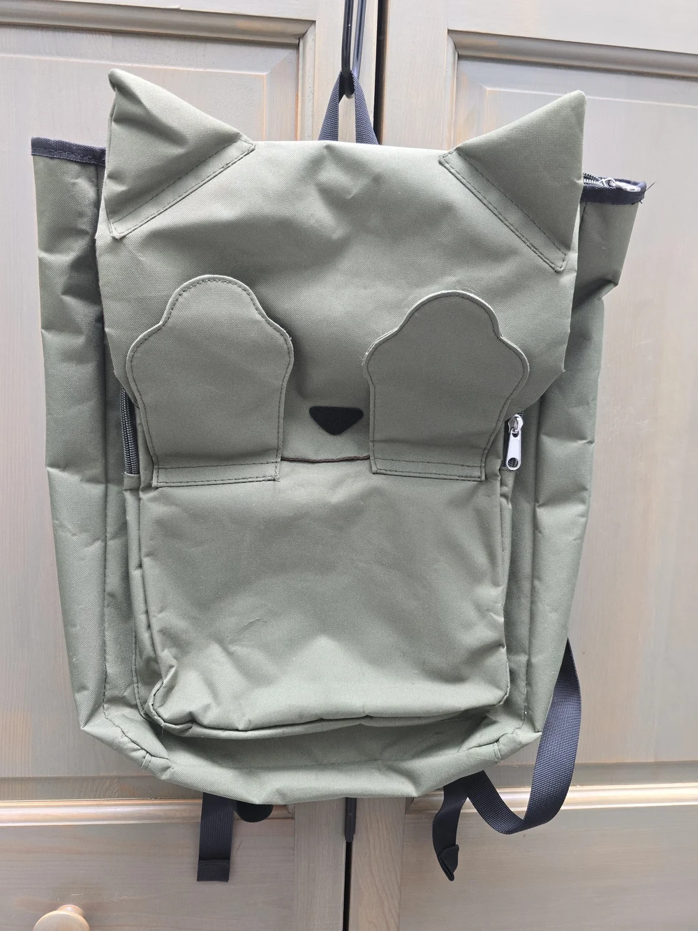 Olive Green Cat Backpack with Pink Paw Accents